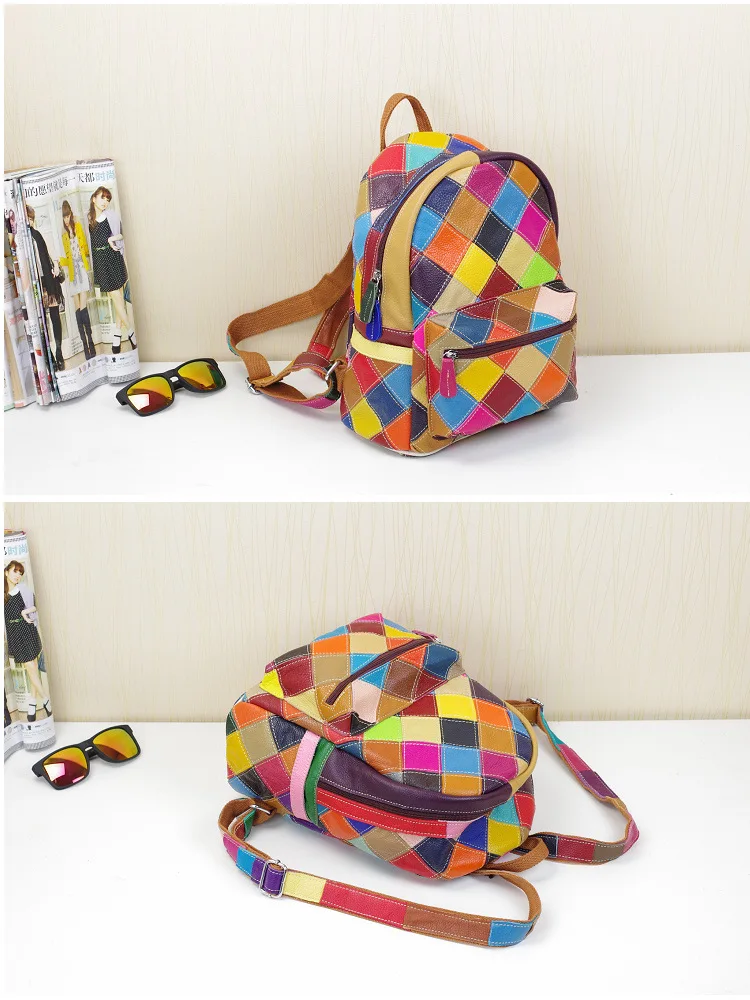 Mochila de patchwork de couro genuíno para mulheres, mochila de viagem casual para estudantes universitários, colorida e geométrica, nova moda, 665