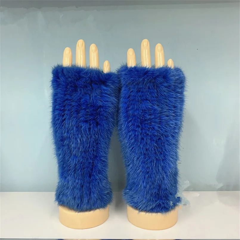 Real Mink Fur Gloves Girls Knitted Fingerless Mittens Elastic Spandex Fluffy Weave Winter Luxury Handwarmer