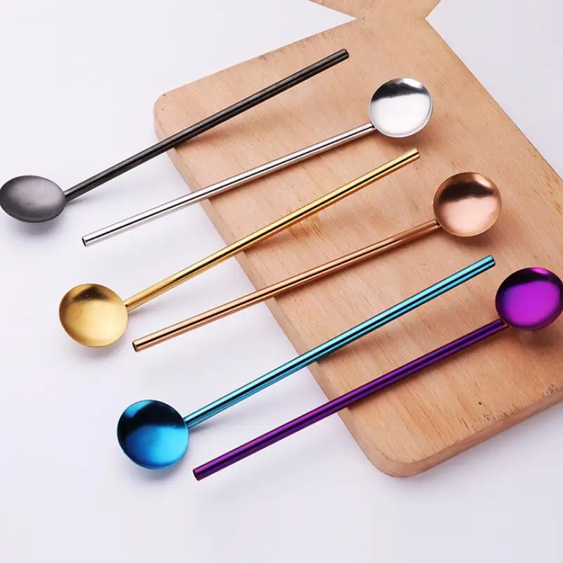 304 Stainless Steel Long Handle Coffee Stirring Straw Spoon Drinking Straw Teaspoon Bar Tool LX8095