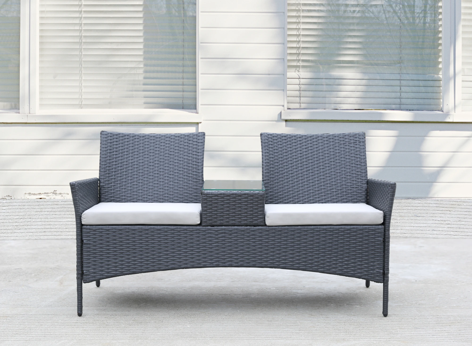 Lover Chair Steel Frame&PE Rattan Patio Wicker Loveseat with Build-In Coffee Table 59x22x32.5Inch Gray[US-Stock]