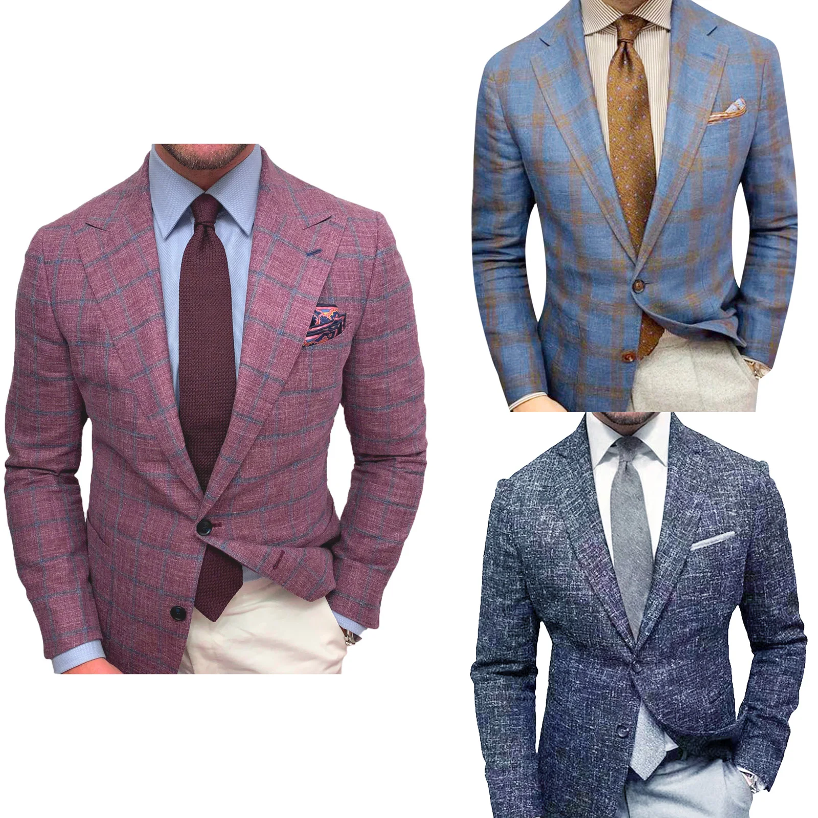 Men Clothing Polyester Casual Blazer Plaid Pattern Plain Color Lapel Long Sleeve Button Suit Coat for Party Dating