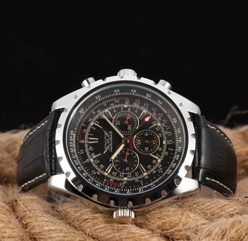 JARAGAR Black watch European and American fashion style three eyes six pin mechanical watch Gear circular week belt watch