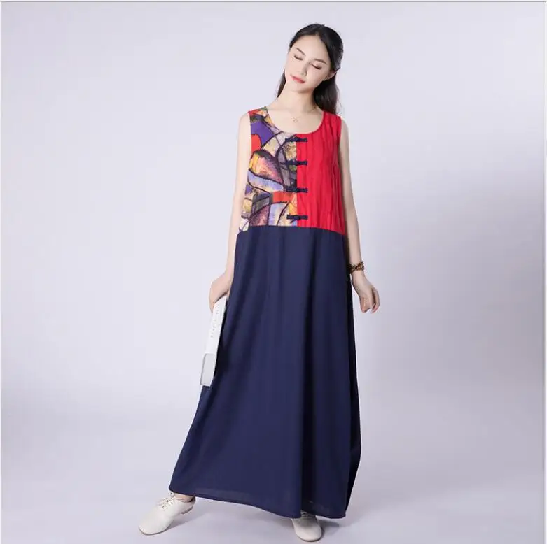 Spring summer Chinese style sleeveless Robe artistic temperament long Dress Traditional Leisure cotton linen vest dress