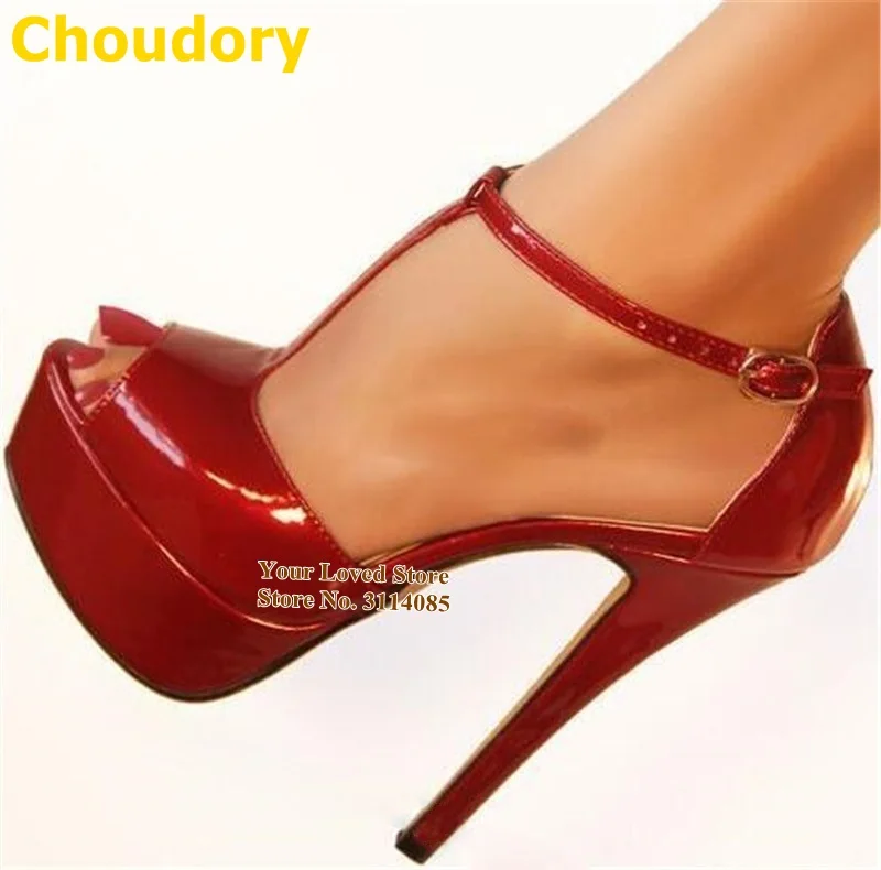 Choudory Red Black Patent Leather Platform Pumps Stiletto Heels Open Toe T-strap Banquet Shoes Buckle Strap Nice Sandals Size47