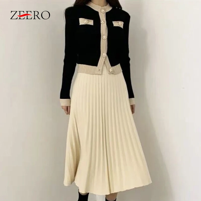 Autumn Winter Fashion 2 Pcs Set Outfits Woman Pearl Buttons Long Sleeve Short Cardigan Coat Top + High Waist Pleated Skirt Suit