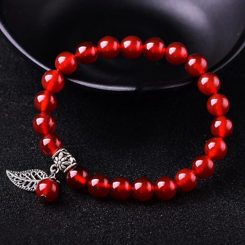 Red Crystal Charm Bracelets Round 8mm Beads Pray Tibetan Silver Leaf Pendant For Wowen Crystal Bracelet Jewelry Wholesale