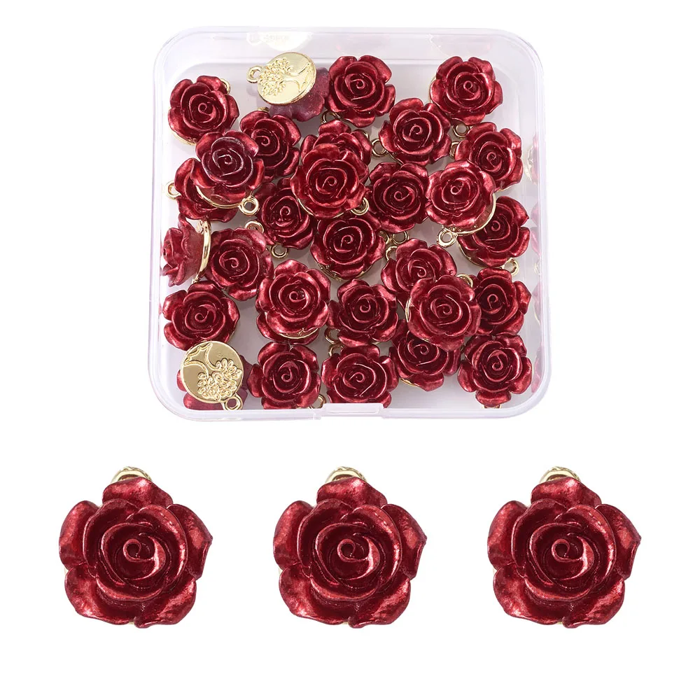 1Box 3D Rose Flower Charms Rack Plating Alloy Pendants Links Connectors for Valentine's Day Bracelet Necklace Jewelry Making