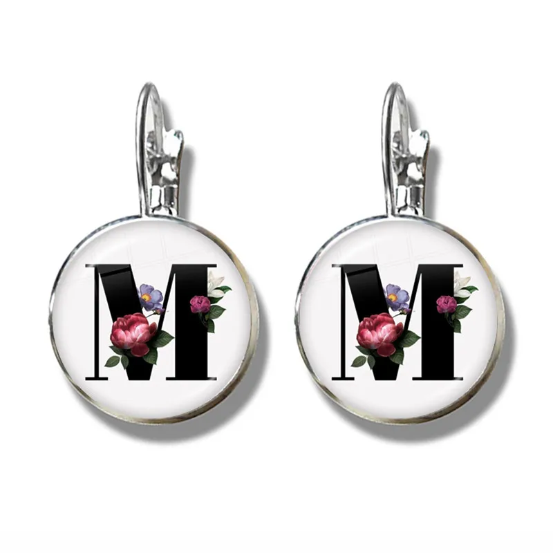 جديد بسيط A-Z 26 الإنجليزية الأبيض خلفية زهرة إلكتروني أقراط الأولي اسم إلكتروني تصميم زجاج دائري أقراط النساء #1