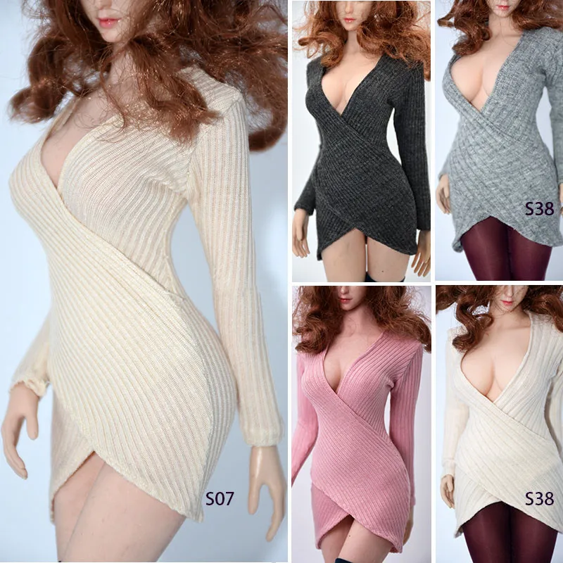 1/6 Sexy Deep-V Low-cut Knitted Dress Elegant Bodycon Irregular Short Sweater Skirt for TBL PH 12 inch Action Figures Body Model