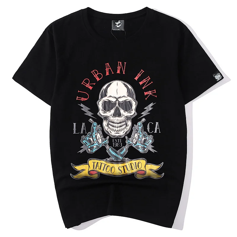 Skull Engine Print Motorcycle T-shirt Men Fashion Tattoo Pattern Summer Tees Cotton Loose Hip Hop Black T-Shirts