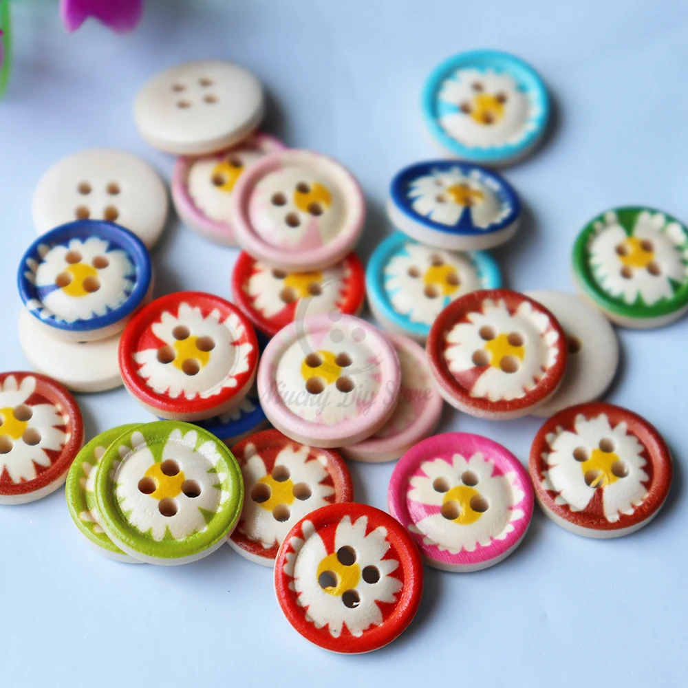 50pcs 15mm 4 holes Mixed Colors Painting Flower Wooden Button for Handicrafts Scrapbooking Craft Sewing Daisy Buttons