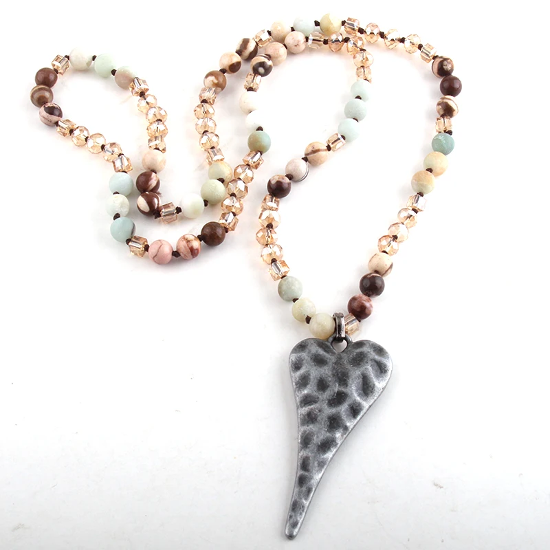 Fashion Bohemian Tribal Jewelry Multi Stone Beige Glass Long Knotted Black Metal Heart Pendant Necklaces