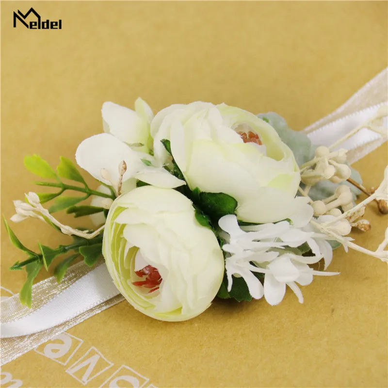 Meldel Bruid Pols Corsage Rose Bud Bloem Zijde Armband Wedding Boutonniere Bruidsjonkers Pak Boutonniere Meisje Corsage Accessoires