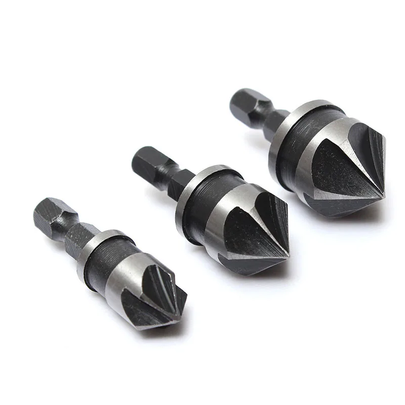 Industrial Countersink Boreชุด1/4 "Hex Shankไม้พลาสติกเครื่องมือเจาะชุดไม้บิตเจาะChamfer 3Pcs 12mm 16Mm 19Mm
