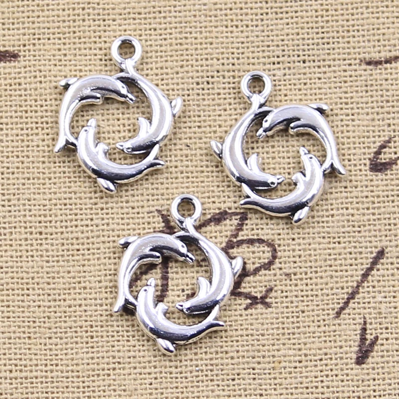 15pcs Charms Three Dolphin Show 21x16mm Antique Silver Color Pendants Making DIY Handmade Tibetan Finding Jewelry