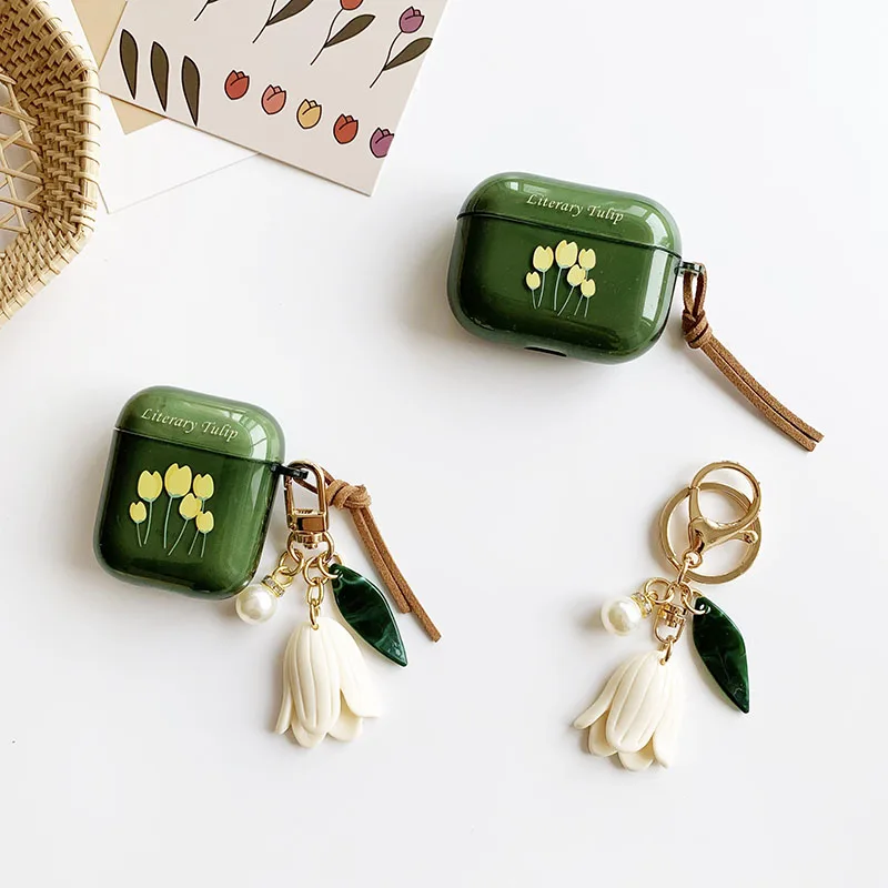 INS Retro Flower Pearl Keychain Decor For Apple Airpods 1 2 Pro 3 Case Green TPU Soft Bluetooth Earphone Cases Cover For Airpods