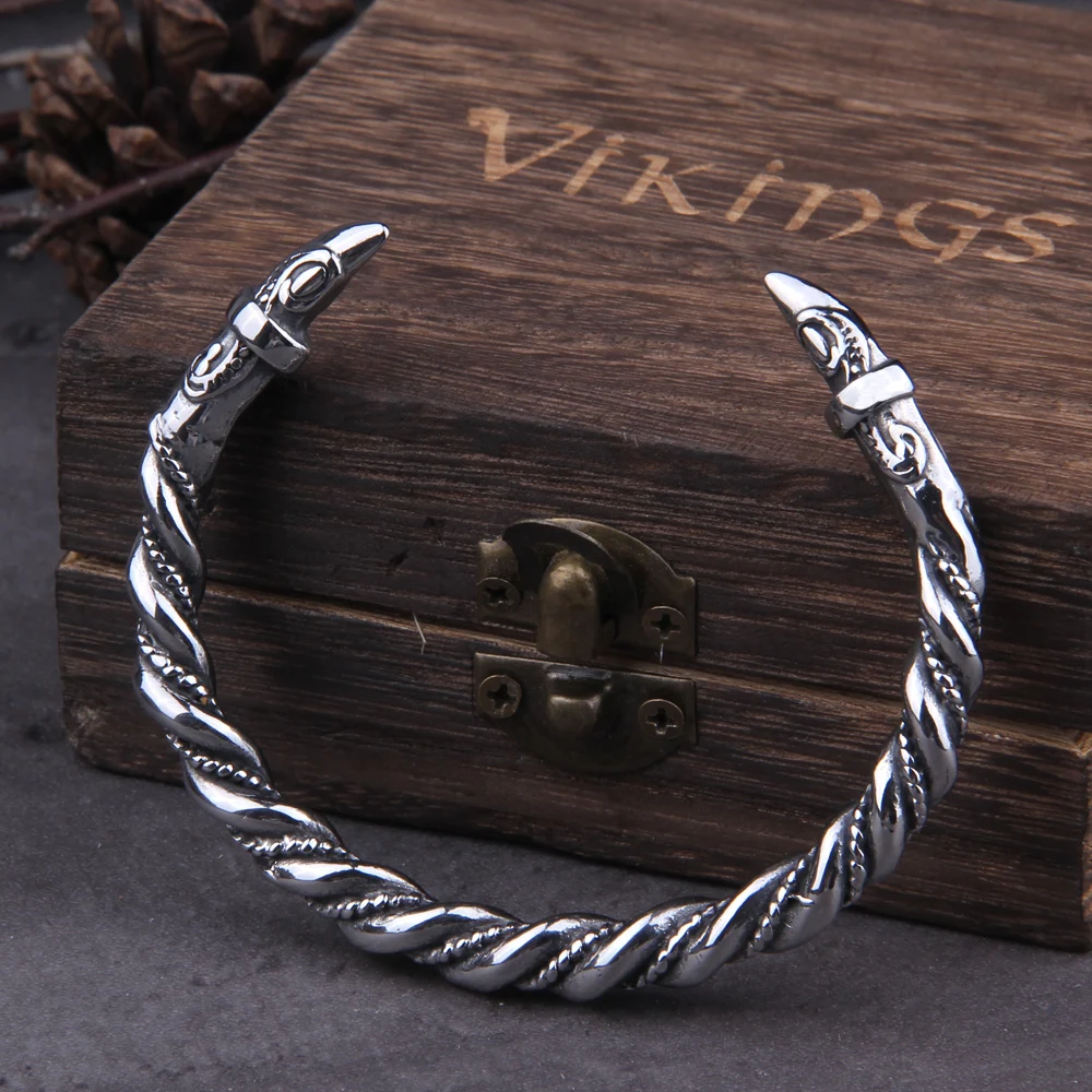 Stainless Steel Nordic Viking Norse Raven Bracelet adjustable Men Wristband Cuff Bracelets with Viking Wooden Box