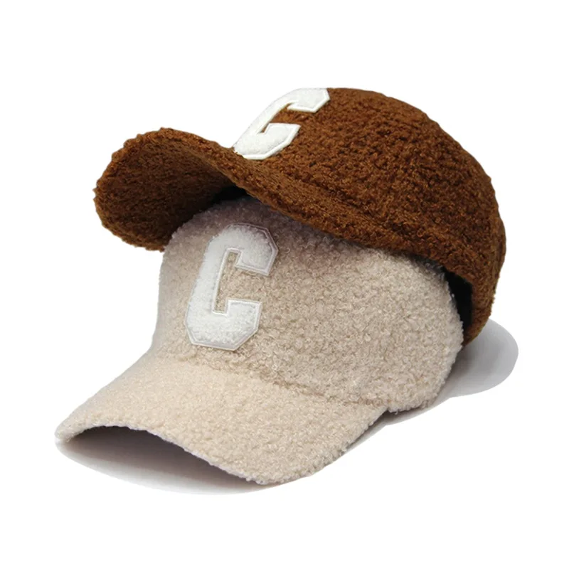 Autumn Winter New Keep Warm Lambswool Basebll Caps Letter C Embroidery Snapback Hats For Women Men