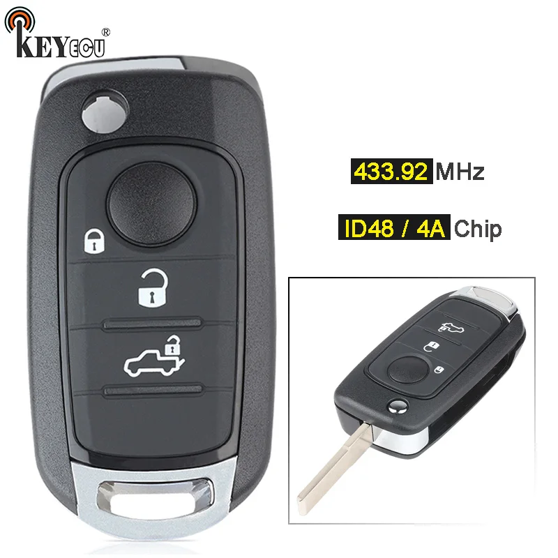 

KEYECU 433.92MHz Megamos AES / ID48 or Hitag AES / 4A Chip Flip Remote Car Key Fob 3 Button for Fiat 500X Egea Tipo 2016-2019