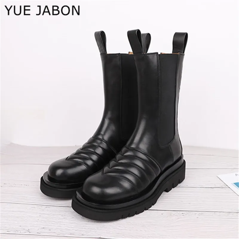 

Classic Black Women Platform Boots Autumn Winter Casual Army Boots Thick Bottom Ankle Chelsea Boots Natural Leather Short Botas