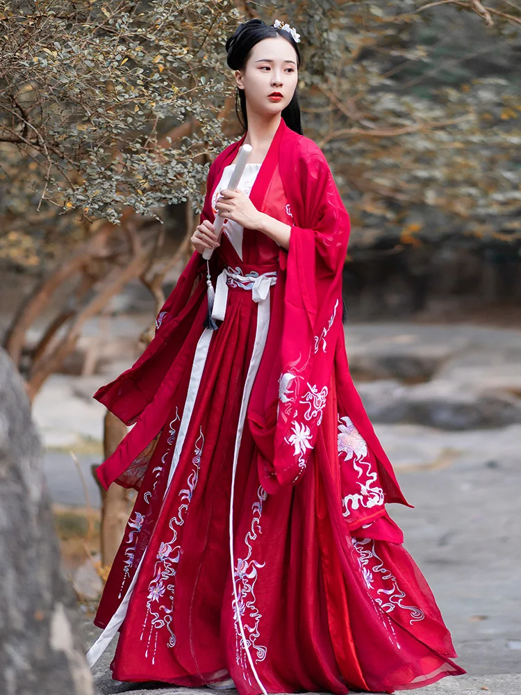 Chinese Dress Hanfu Red Embroidery Large Sleeved Shirt Hanfu Women Dresses Style Folk Dance Cosplay Costumes Kimono Traditional