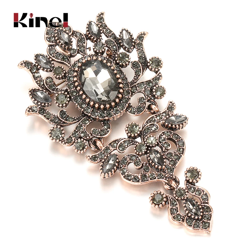 Kinel 2020 Luxury Gray Crystal Women Brooch Pins Vintage Turkish Wedding Jewelry Antique Gold Color Alloy Family Banquet Gift