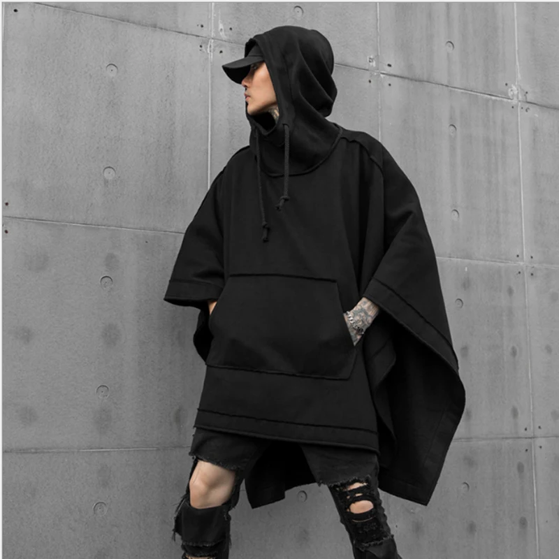 Autumn and winter new men\'s loose Bat Cape National Tide Dark mid-long fashion casual windbreaker hoodie jacket