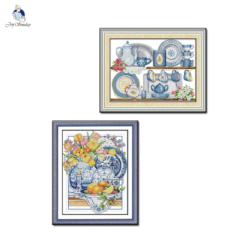 Joy Sunday Porcelain Pattern Stamped Cross Stitch Kits14CT 11CT Counted Canvas DIY Embroidery Handmade Needlework Set Home Decor