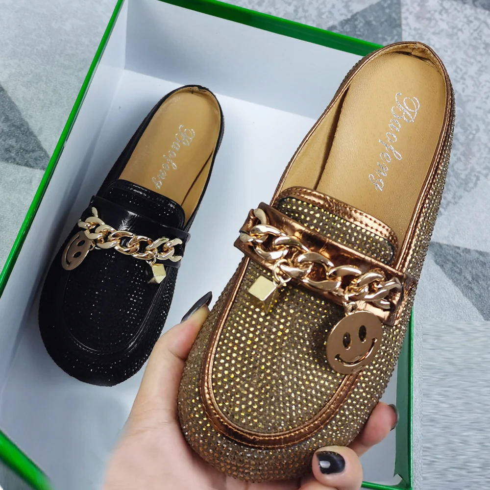 Fashion Crystal Bling Mules Slippers Women Shoes Female Mules Shoes Round Low Heels Elegant Shoes Woman Slipper Casual Shoes