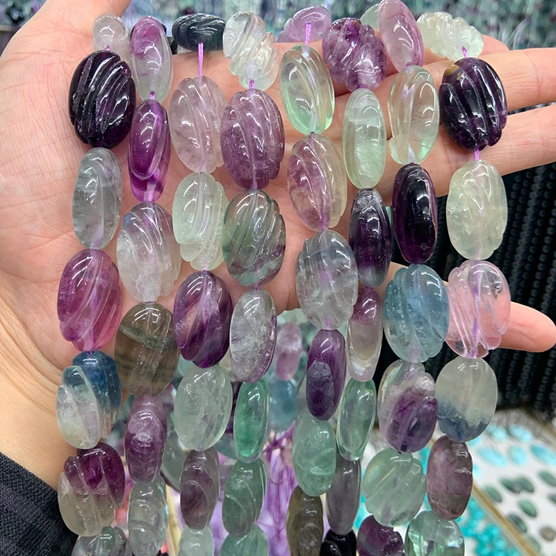 16x22mm Natural Fluorite Stone Beads 15\'\' Carved Oval DIY Loose Beads For Jewelry Making Women Beads Bracelet Necklace Gift