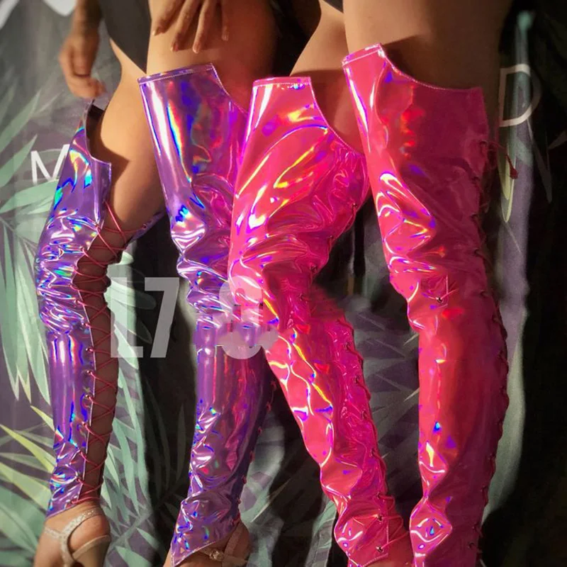 Nightclub Handsome Laser Bright Bandage Boots Cover DS DJ Female Singer Bar Costumes Accessories Fluorescent Leg Sets DWY3444