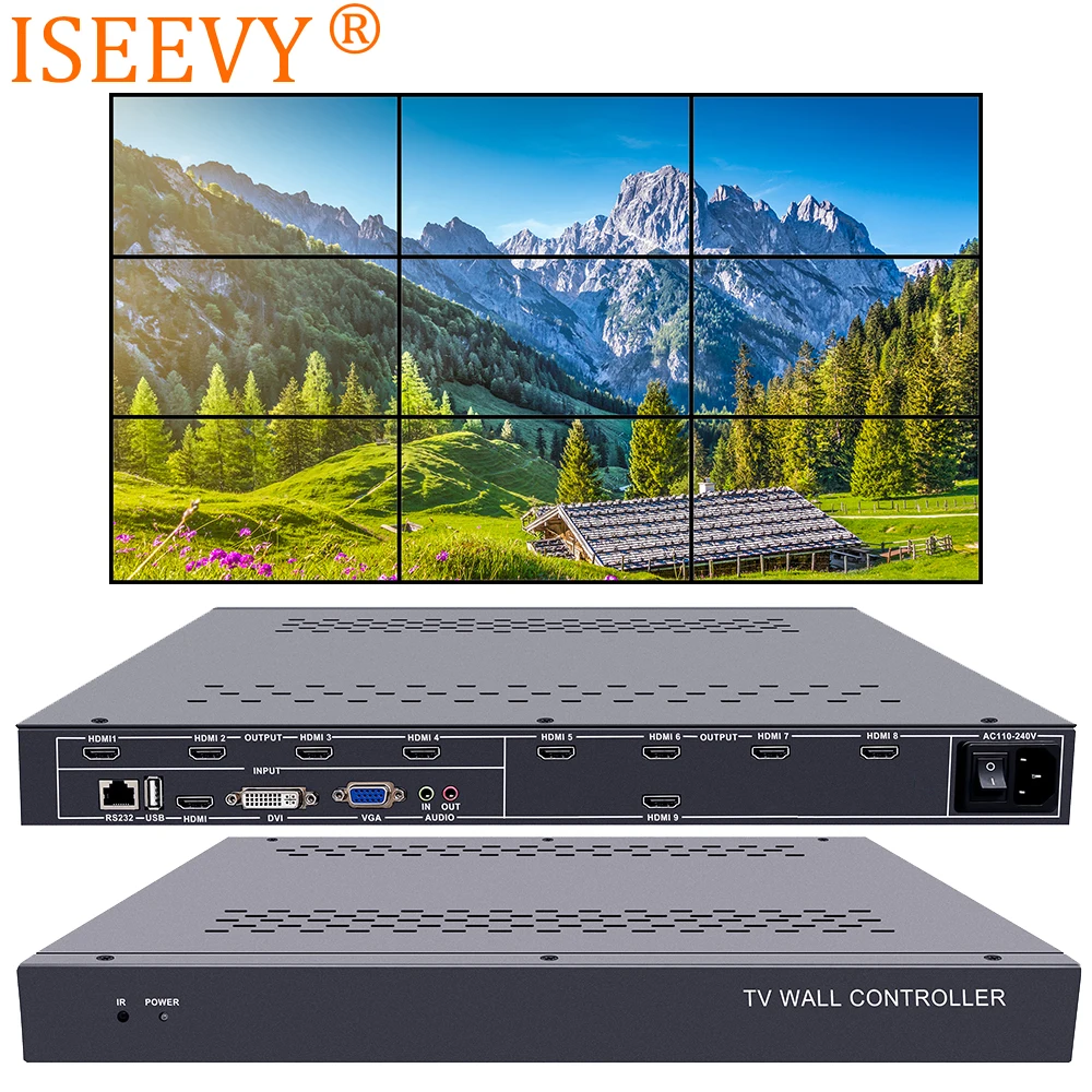 

ISEEVY 9 Channel Video Wall Controller 3x3 2x4 4x2 HDMI DVI VGA USB Video Processor with RS232 Control for 9 TV Splicing