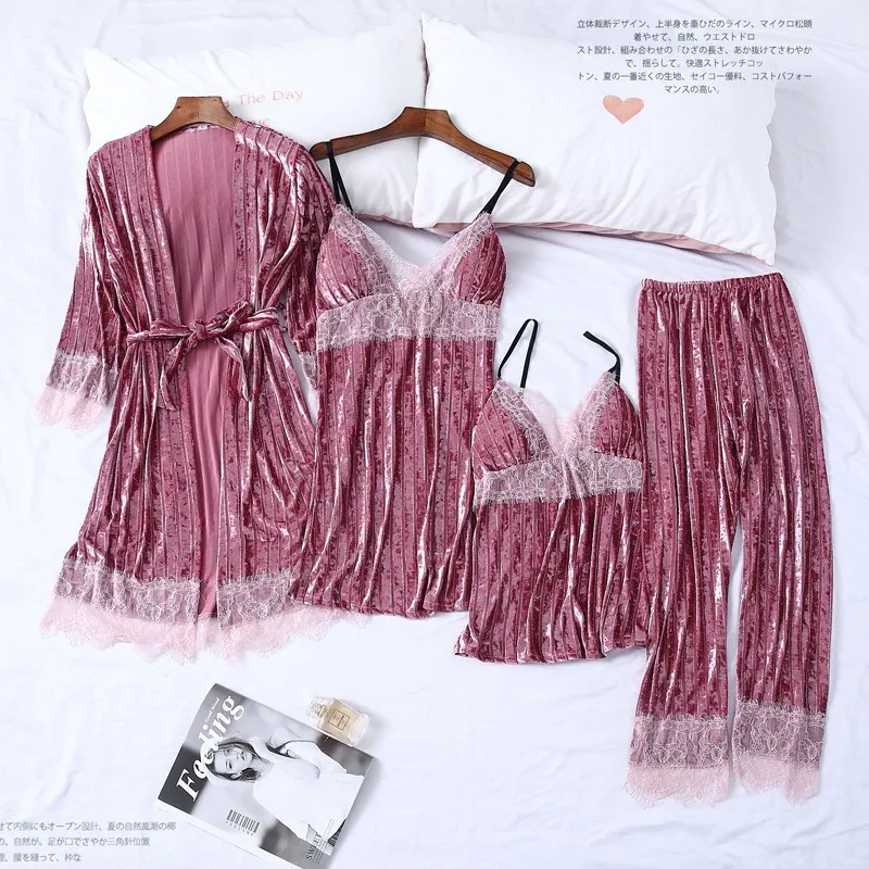 

Sleep Set Women Velvet Pajamas Suit Autumn NewSexy Lace Kimono Bathrobe Gown Soft Velour Sleepwear Nightwear Pyjamas