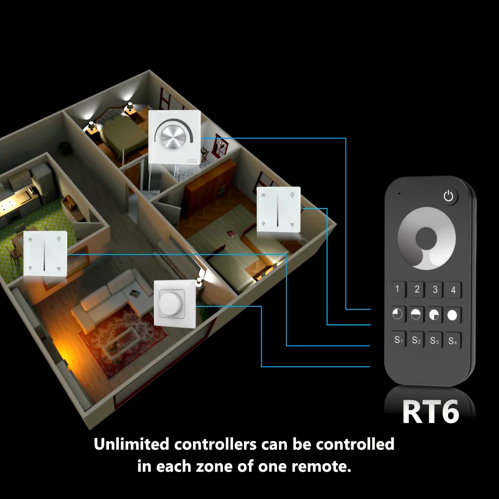 Triac LED Dimmer 220V 230V 110V AC 2.4G 4-Zone Wireless RF Remote Remote Controller for Single Color LED Dimmable Light Bulb KS