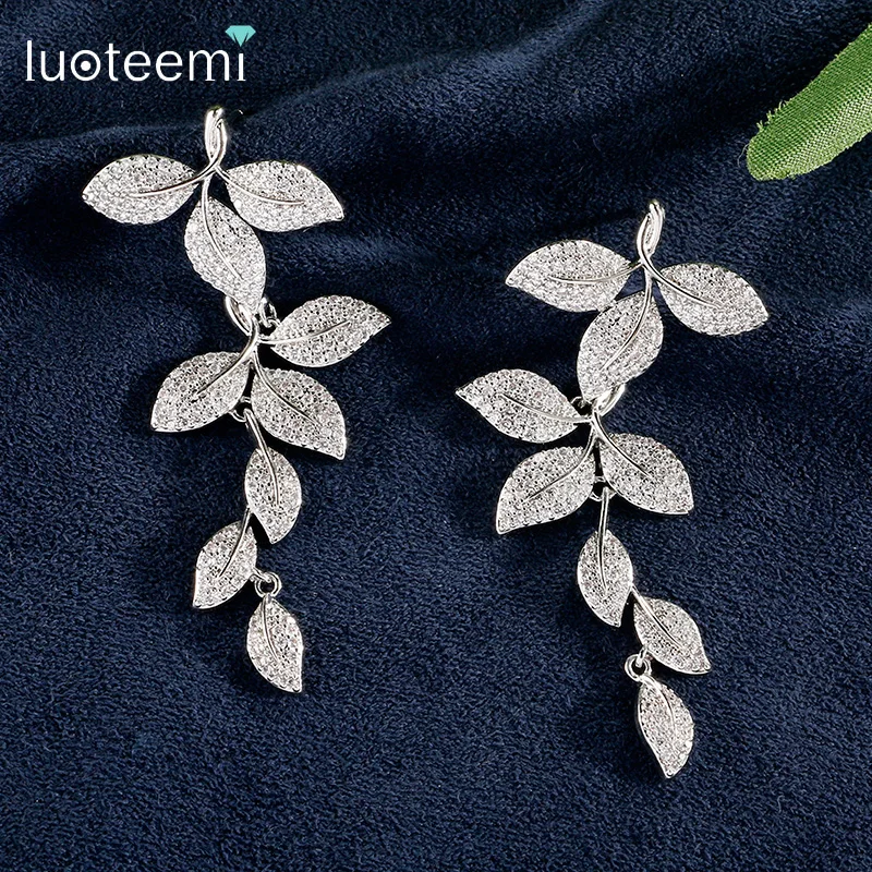 LUOTEEMI Luxury Long Leaf Shape Korean Design Cubic Zircon Drop Earring for Women Statement Bridal Wedding Stunning Accessories