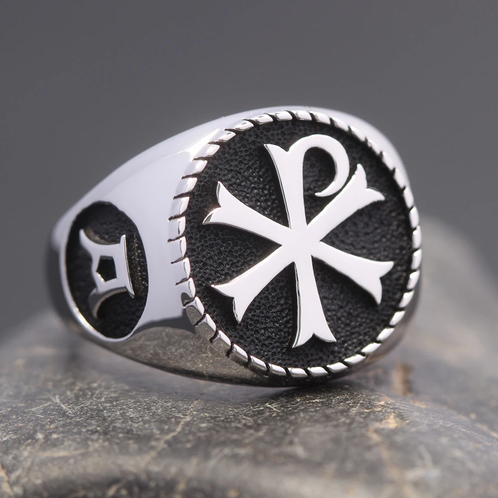 Vintage Alpha Omega Chi Rho PX Kreuz Christian Orthodoxe Kirche Symbol Sterling Silber Ring