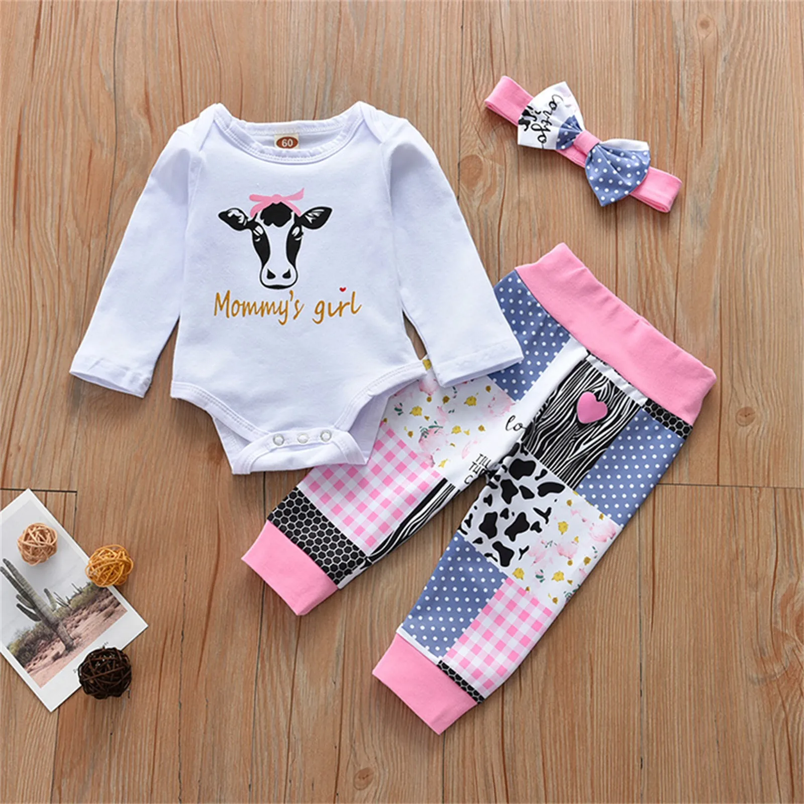 3pcs Newborn Baby Girls Clothes Cartoon Letter Bodysuit +Pants +Hairband Infant Outfits Autumn Girl Clothing Sets 3 6 9 12 Month