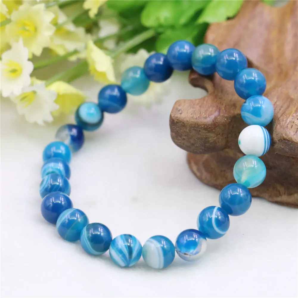 

8mm Round Blue Stripe Agates Onyx Bracelet Elastic Fashion Jewelry Making Design Women Girls Hand Made Natural Stone Ornament