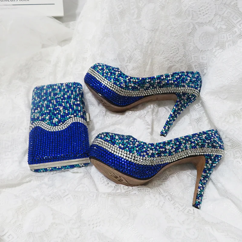 Royal Blue Multicolor Crystal wedding shoes with Macthing bags Ladies Fashion shoes and bag set High platform shoes woman