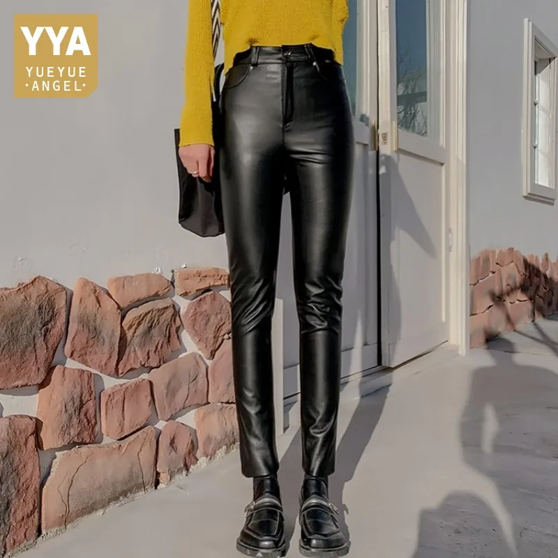 High Quality Real Leather Pencil Pants Women Streetwear Slim Zipper Black Trousers Size 5XL 6XL Office Ladies Cowskin Pants