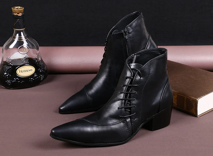 Pointed Toe High Heel Genuine Leather Boots Men Personalized Business Casual Ankle Boots British Trendy Western Cowboy Boots