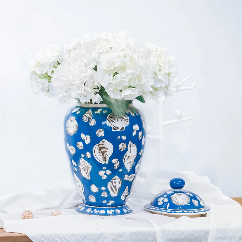 

European Shell Ceramic Vase with Lid Exquisite Handicraft Candy Storage Jar Blue Storage Jar Flower Arrangement Vase Decoration