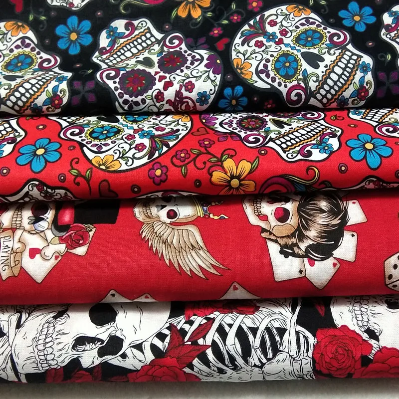 25x23cm 4pcs Quality Halloween Black Red Poker Flower Skull Printed Cotton Fabric Bundle DIY Sewing Patchwork Decoration