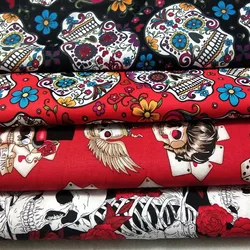 25x23cm 4 pezzi qualità Halloween nero rosso Poker fiore teschio stampato tessuto di cotone Bundle fai da te cucito Patchwork decorazione