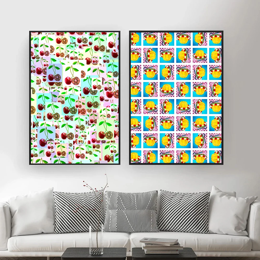 Vintage Abstract Pills Kisses Lips Pattern Canvas Paintings Cherry Poster and Print Wall Art Pictures for Living Room Home Decor