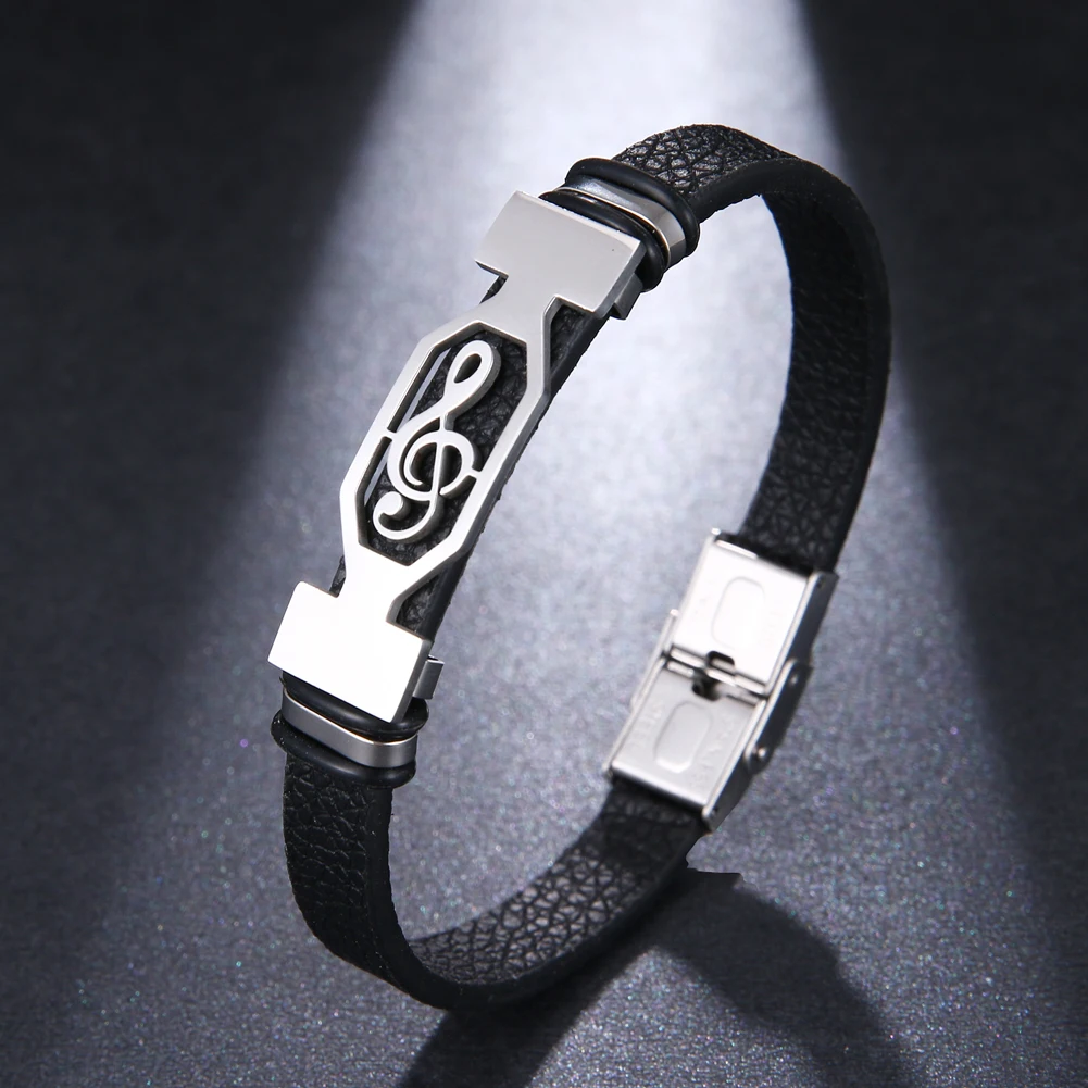 2021 Trend Glamour Jewelry Classical Stainless Steel Music Symbol Bracelet Leather Cuff Bracelet Men And Women Pulsera Hombre