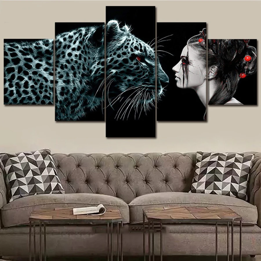 DIY Diamond Painting Art Modular 5 Pieces Black Leopard And Beauty Pictures Diamond Embroidery Square Round Mosaic Home Decor