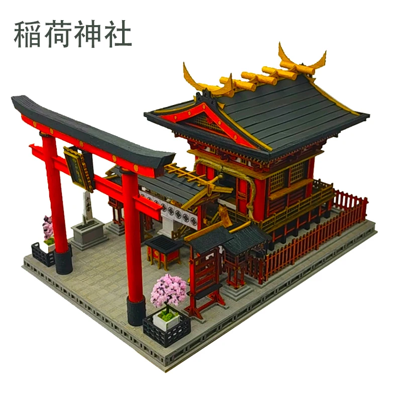 Japanese Building Shrine of The Kami Inari Model Wooden Dollhouse DIY Miniature Kit with Furniture Doll House Toys Adults Gifts