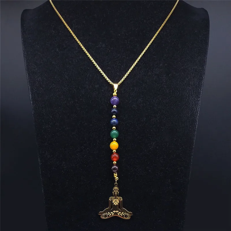 Yoga Buddha 7 Color Chakra Stone Stainless Steel Chain Necklaces Women Gold Color Long Necklaces Jewelry gargantilla N965S04