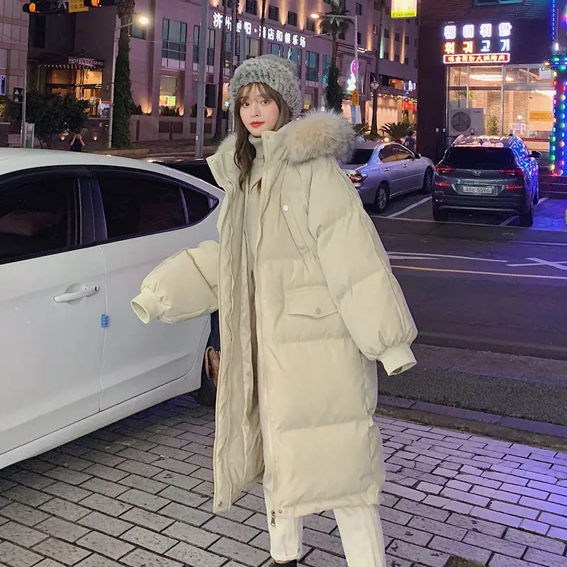 

2022New Winter Cotton Padded Jacket Women Long Loose Large Fur Collar Down Cotton Jacket Hooded Parka Female Warm Casual Outwear